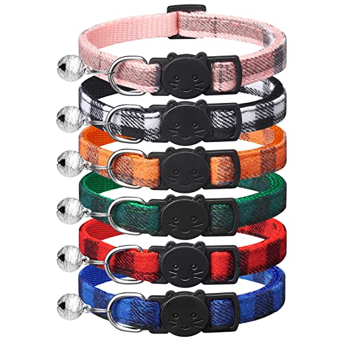 6 Pack Classic Plaid Cat Collars with Bells - Breakaway Kitten Collar and Adjustable 7-12in,Cute Kitty Collar for Girl Boy Cats,Pet Gifts,Accessories,Supplies,Stuff