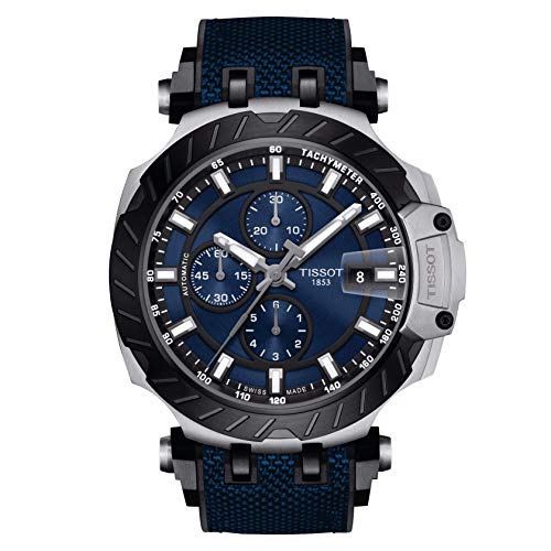Tissot Men's T-Race 316L Stainless Steel case with Black PVD Coating Swiss Automatic Chronograph Watch with Rubber Strap, 22 (Model: T1154272704100), Blue,Black