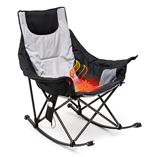 SUNNYFEEL Oversized Heated Camping Chair, Folding Rocking Camping Chairs with Luxury Padded Recliner,Carry Bag, 500 LBS Heavy Duty for Lawn/Outdoor/Picnic/Patio, Portable Rocker Camp Chair