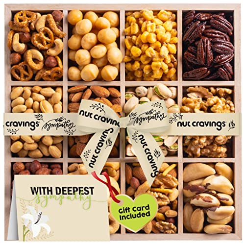 Sympathy Nuts Gift Basket with Sympathy Ribbon + Greeting Card in Reusable Wooden Tray (12 Assortments) Gourmet Food Bouquet Platter, Condolence Care Package Variety, Healthy Kosher Snack Box - Adults