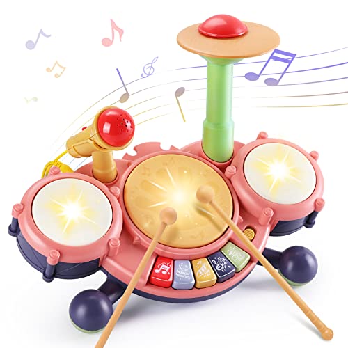 Kids Drum Toy with Music, Beats Flash Light and Adjustable Microphone, Electronic Musical Instruments Toys with 2 Drum Sticks, Educational Baby Toys Gift for 1-4 Years Old Boys and Girls