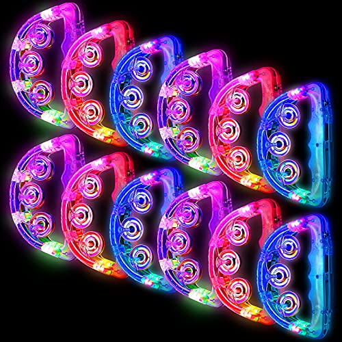 12 Pieces Light Up Tambourine LED Flashing Tambourine Musical Flashing Tambourine Handheld Percussion Instrument Glow Tambourines for Girls Boys Adults Wedding Party Toys (White)