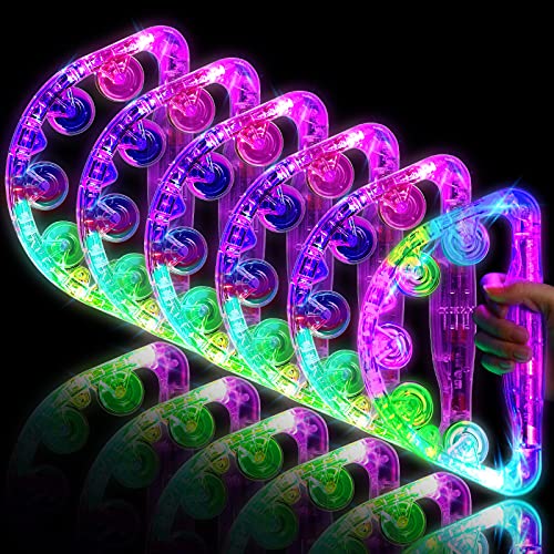 6 Pieces Large Size Light up Tambourines Glow Tambourines Toys for Adults with Disabled Tambourines for Adults Led Tambourine for Teens and Adults Party Toys, Random Color