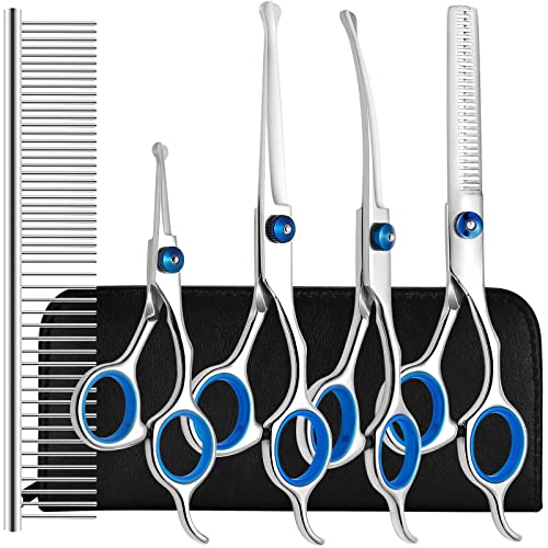 Dog Grooming Scissors Kit with Safety Round Tips, Liren Professional 6 in 1 Grooming Scissors for Dogs, Heavy Duty Stainless Steel Sharp and Durable Pet Grooming Shears for Dogs and Cats