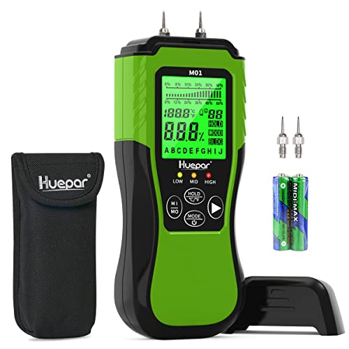Huepar Digital Wood Moisture Meter, Pin-Type Water Leak Detector with 2 Measuring Modes -8 Types of Wood Dampness Tester with Backlit LCD Display for Wood & Building Materials Humidity Inspection M01