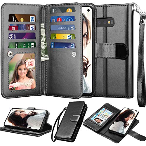 NJJEX Wallet Case for Galaxy S10E, for Galaxy S10E 5.8" Case, PU Leather [9 Card Slots] Credit Holder Flip Folio [Detachable][Kickstand] Magnetic Phone Cover & Wrist Strap for Samsung S10E [Black]