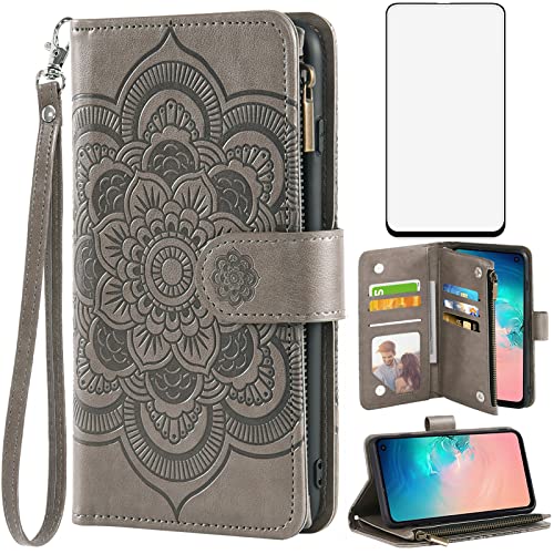 Asuwish Compatible with Samsung Galaxy S10e Wallet Case and Tempered Glass Screen Protector Flower Leather Flip Card Holder Cell Phone Cover for Glaxay S 10e Gaxaly 10se Galaxies Se10 Women Men Grey