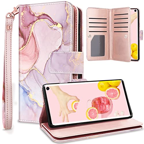 Fingic Galaxy S10e Case, Samsung S10e Case Wallet, Rose Gold Marble 9 Card Holder PU Leather Detachable Wrist Strap Wallet Case for Women Cover for Samsung Galaxy S10E, Rose Gold