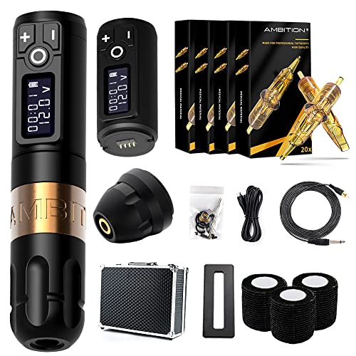 Ambition Soldier Wireless Tattoo Machine Kit Complete Rotary Coreless Motor Tattoo Pen Kit with Extra 2400mAh Battery 80pcs Glory Mixed Size Cartridge Needles Supply for Professional Tattoo Artist