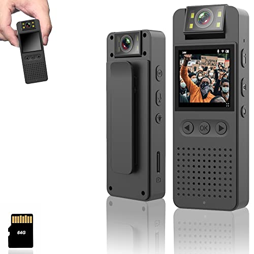 Body Camera with 1080P HD Recording 1.4 in Screen Recorder Built-in 64GB Card with Night Vision, Loop Record, 6 HR Battery Life Wearable Police Cam for Home, Outdoor, Law Enforcement, Security Guard