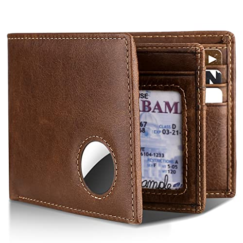 Swallowmall Air Tag Wallet- Bifold Genuine Leather Mens Wallet for AirTag RFID Blocking Wallet With ID Window and 12 Cards Holders Gift Box(Airtag Not included)