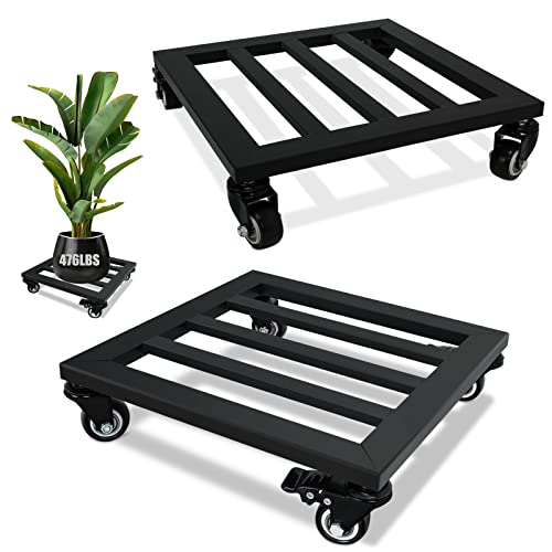 Plant Caddy with Wheels, 2 Pack 12 Inch Plant Stand with Wheels Metal Square Plant Dolly with Lockable Caster Wheels Heavy Duty Plant Dolly Base for Indoor Outdoor Holds up 476 Lbs Pots Planter, Black