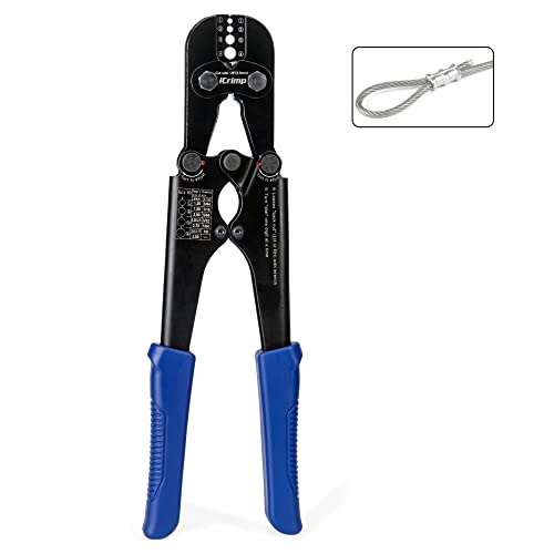iCrimp Swaging Tool, Wire Rope Crimping Tools for Aluminum Copper Duplex Hourglass Sleeves, Stop Buttons and Ferrules with Built-in Cable Cutter Works from 3/64-inch to 1/8-inch