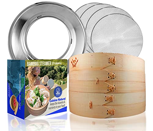 Bamboo Steamer 10 Inch w/ Steel Ring by Cuisine Natural | Bonus 4 Silicone Re-usable No-Stick Liners | 3-Tier w/ 2 Stackable Levels | Dim Sum, Meat & Dumpling Steam Cooker Basket Set