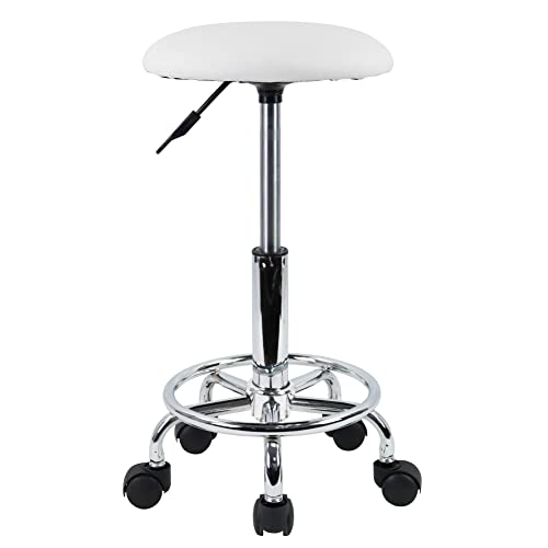 KKTONER Swivel Rolling Stool with Footrest Height Adjustable PU Leather Salon Vanity Spa Massage Office Stool Chair Small (White)