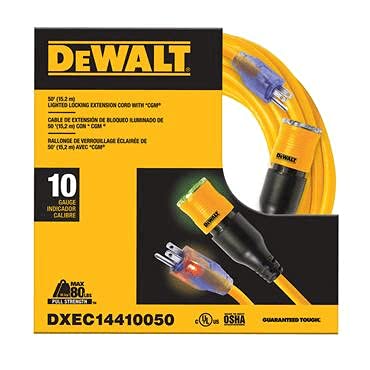 DEWALT 50 Foot Extension Cord Lighted Click-to-Lock 10/3 SJTW - Heavy Duty Outdoor, Waterproof, Weatherproof, Heat & Corrosion Resistant Industrial Strength Light Up Three Prong Outlet Plug Power Cord