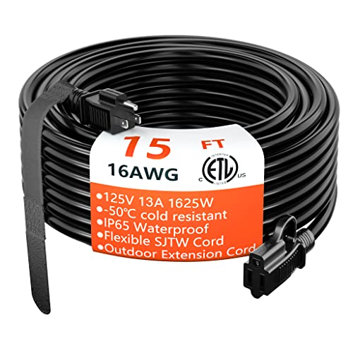 Indoor Outdoor Black Extension Cord 15 ft Waterproof, 16/3 Gauge Flexible Cold-Resistant Appliance Extension Cord Outside, 13A 1625W 16AWG SJTW, 3 Prong Heavy Duty Electric Cord, ETL HUANCHAIN