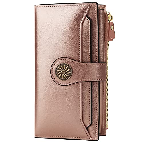 Travelambo Womens RFID Blocking Large Capacity Luxury Waxed Genuine Leather Clutch Wallet Multi Card Organizer(Rose Gold Classic)