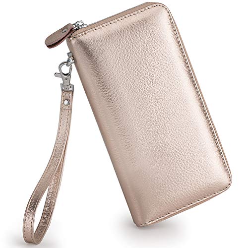 Moflycom Womens Wallet RFID Blocking Genuine Leather Zip Around Wallet Clutch Wristlet Travel Long Purse for Women Rose Gold