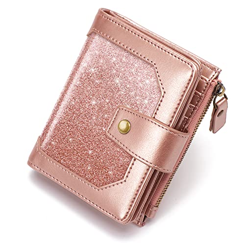 Simikol Small Glitter Women Wallet,Bifold Purse RFID Blocking Credit Card Holder Wallet with Zipper Pocket,Rose Gold Glitter