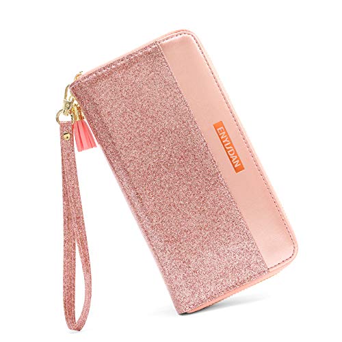 ENYISDAN Wristlet Wallets for Women Pink RFID Blocking Leather Zip Cute Long Purse Clutch (Pink Gold)