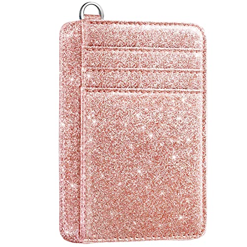 Slim Front Pocket Wallet RFID ID Card Holder Cute Small Wallet with Keychian for Women,Rose Gold Glitter