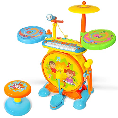 TOONIT Jamz Girls & Boys Keyboard & Drum Set with Childrens Musical Instruments: Kids Piano, Electronic Drum Set, Kid Microphone, Sing-Along Play, and Colorful Lights