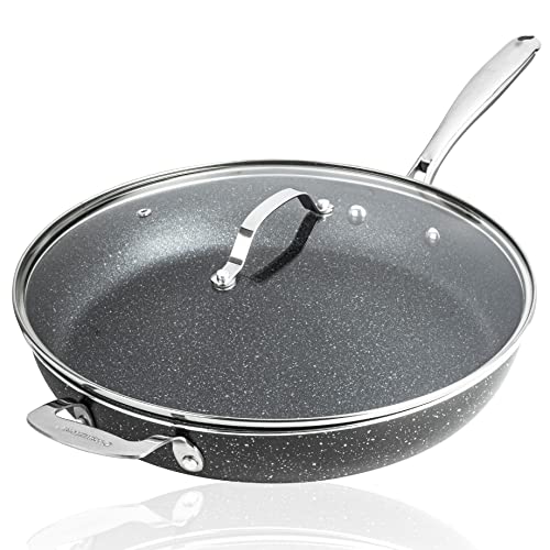 Granitestone Nonstick 14 Frying Pan with Lid Ultra Durable Mineral and Diamond Triple Coated Surface, Family Sized Open Skillet, Oven and Dishwasher Safe, Large, Black