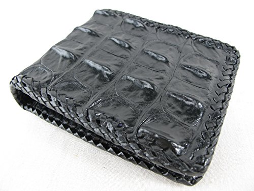 PELGIO Genuine Crocodile Alligator Backbone Skin Handmade Bifold Wallet (Black)