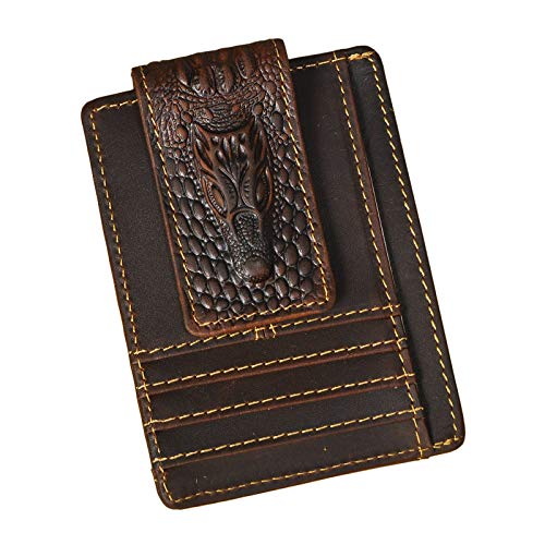 Le'aokuu Genuine Leather Magnet Money Clip Credit Card Case Holder Slim Wallet (Dark Brown Crocodile Embossed Rfid)
