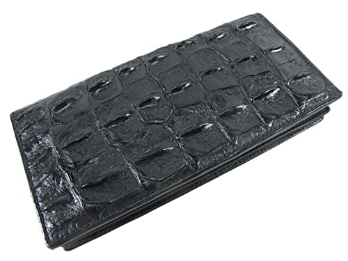 Pelgio Genuine Crocodile Alligator Backbone Skin Leather Checkbook Long Wallet (Black)