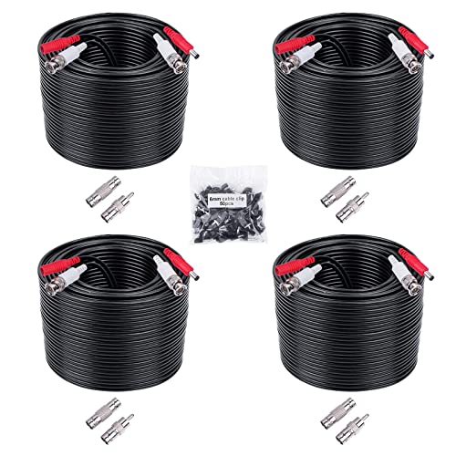 ctc connexions 4 Pack 100ft (30M) BNC Video Power Cable, Security Camera Wire Cord Extension Cable for CCTV Surveillance DVR System with 8pcs BNC RCA Connectors and 100pcs Cable Clips (Black)