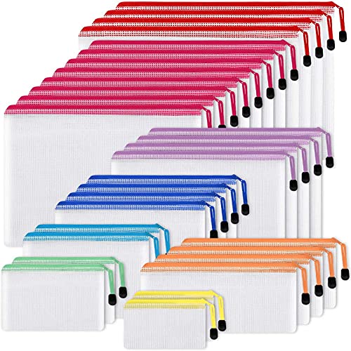 EOOUT 30pcs Mesh Zipper Pouch, Waterproof Zipper Bags, 8 Sizes Waterproof Plastic Document Pouch, 8 Colors, Multipurpose for Travel Storage, Office Appliances and Home Organize