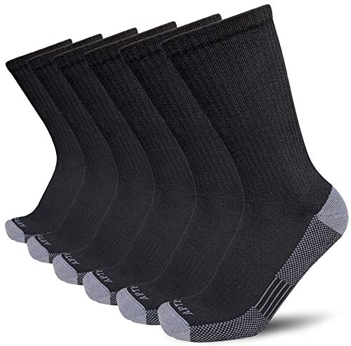 APTYID Men's Moisture Control Cushioned Crew Work Boot Socks, Size 9-12, Black, 6 Pairs