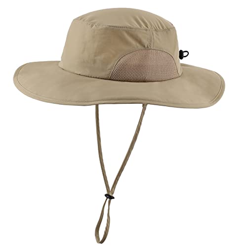 Home Prefer UPF50+ Mens Sun Hat Wide Brim Fishing Hat Airy Mesh UV Protection Hat Portable Bucket Sun Hat Dark Khaki