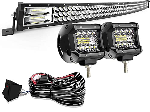 LED Light Bar AUSI 50" Curved 684W Triple Row Light Bars + 2PCS 4in 60W LED Pods Off Road Driving Fog Lights with Rocker Switch Wiring Harness Kit for Trucks Polaris ATV SUV Boat Lighting