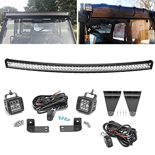 WSays Compatible with Polaris Ranger 570/900/1000 Full Size Upper Roof Pro-fit Cage 50'' 288W LED Curved Light Bar Mount Bracket Kit & Rear Side Pillar 2x3'' 18W Light Pods Mount Bracket w/Wiring Kit