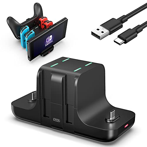 GLDRAM 6 in 1 Switch Charger Dock Station for Nintendo Switch & OLED & Lite Accessories, Charging Dock Storage Stand for Nintendo Switch JoyCon and Pro Controller with USB C Charging Cable, Black