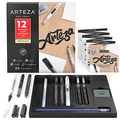 ARTEZA Hand Lettering Pens, 12-Piece Calligraphy Set for Beginners, 5 Micro-Line Pens, 2 TwiMarkers, Gel Pen, Bullet Marker, Pencil, & Eraser, Art Supplies with a Guidebook