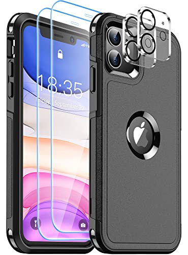 SUPFINE 5 in 1 for iPhone 11 Case, [10 FT Military Dropproof] [2+Tempered Glass Screen, 2+Tempered Camera Lens Protector] Non-Slip Heavy Duty Full-Body Shockproof Phone Case,Black