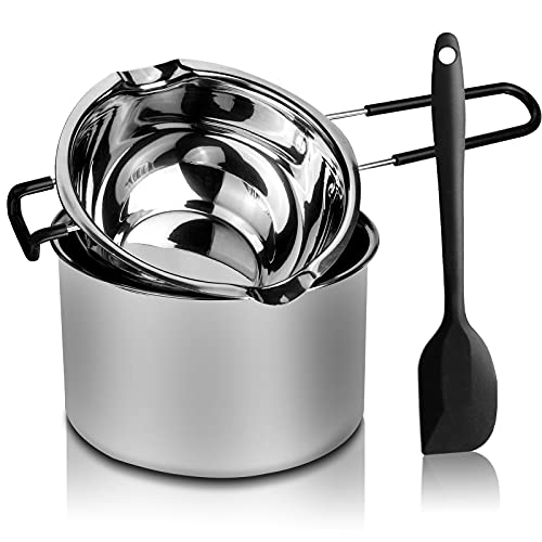 Double Boiler Pot Set, Stainless Steel Melting Pot with Silicone Spatula for Melting Chocolate, Soap, Wax, Candle Making (600ml and 1600ml)