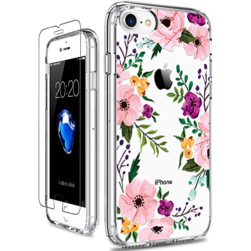 GiiKa iPhone SE 2020 Case, iPhone 8 Case, iPhone 7 Case with Screen Protector, Clear Protective Case Floral Girls Women Hard PC Case with TPU Bumper Cover Phone Case for iPhone 8, Small Flowers