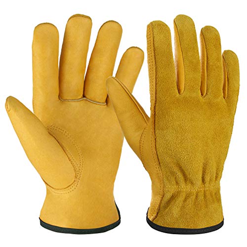 OZERO Leather Work Gloves Flex Grip Tough Cowhide Gardening Glove for Wood Cutting/Construction/Truck Driving/Garden/Yard Working for Men and Women 1 Pair (Gold,Small)