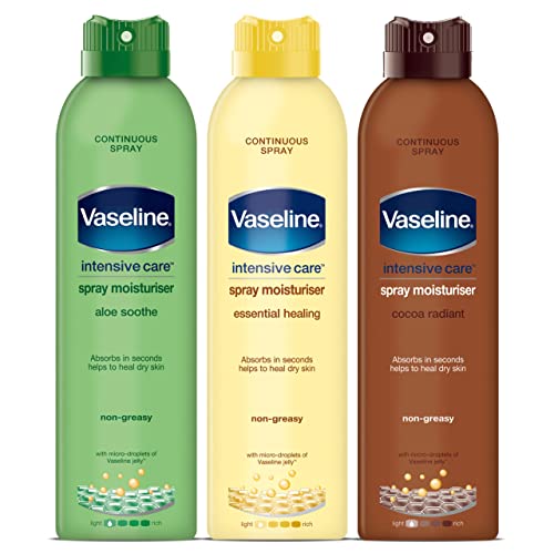 Vaseline Spray Variety Set 3 Pack Intensive Care Moisturizer for Dry Skin, Essential Healing, Cocoa Radiant, Aloe Soothe Fresh, 6.42 oz. Each