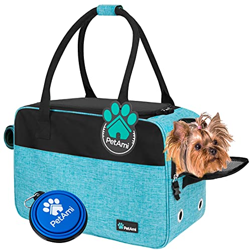 PetAmi Airline Approved Dog Purse Carrier | Soft-Sided Pet Carrier for Small Dog, Cat, Puppy, Kitten | Portable Stylish Pet Travel Handbag | Ventilated Breathable Mesh, Sherpa Bed (Turquoise)