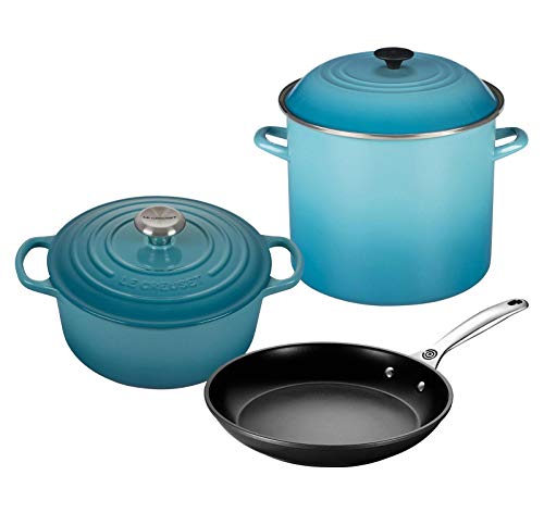 Le Creuset 5-Piece Oven and Stovetop Cookware Bundle with 4-1/2 QT Round Dutch Oven, Le Creuset 8 QT Covered Stockpot, and Le Creuset 10" Toughened Nonstick Pro Fry Pan - Caribbean