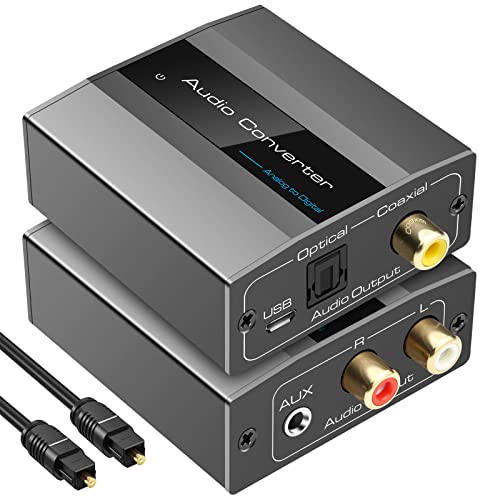 Analog to Digital Audio Converter RCA R/L to Optical with Optical Cable 3.5mmAUX Jack to Digital Toslink and Coaxial Audio Adapter for Soundbar