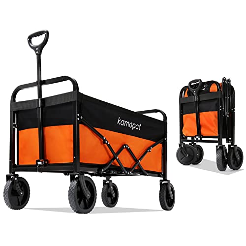 Kamopot Collapsible Wagon Cart, Folding Wagon for Grocery,Utility Wagon for Beach, Sports, Outdoor, Gardening. Heavy Duty 220 Lbs, with Self Assembly Wheels - Black/Orange