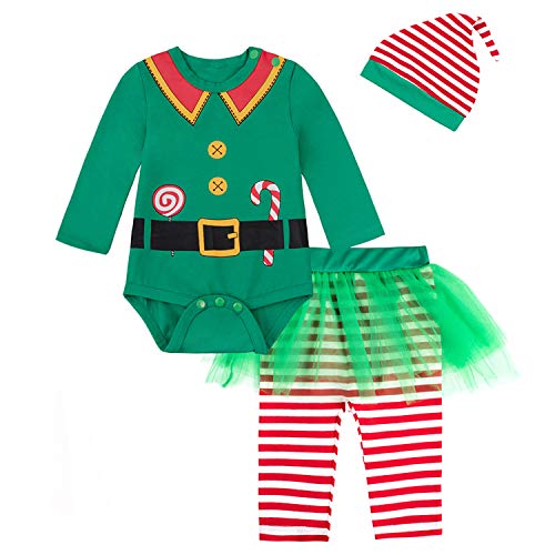 LENSOUS Baby Girls Newborn 1st Christmas Costume Tutu Dress Elf Outfit Set6-12 Months Green