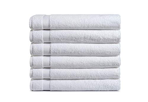 AmazonCommercial Premium 100% Cotton Bath Towel Set, Pack of 6, 600 GSM, White, 54" x 27"